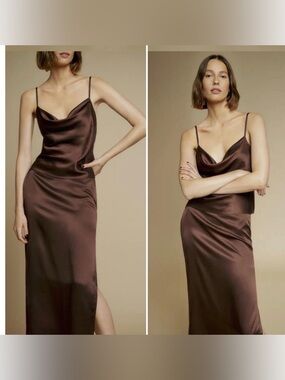 Reformation Brown 100% Sammie silk cowl top and Midi Slip skirt matching set